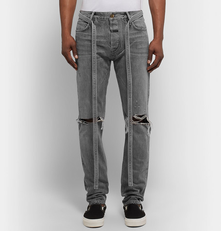 Fear Of God Slim Fit Belted Distressed Selvedge Denim Jeans, $350