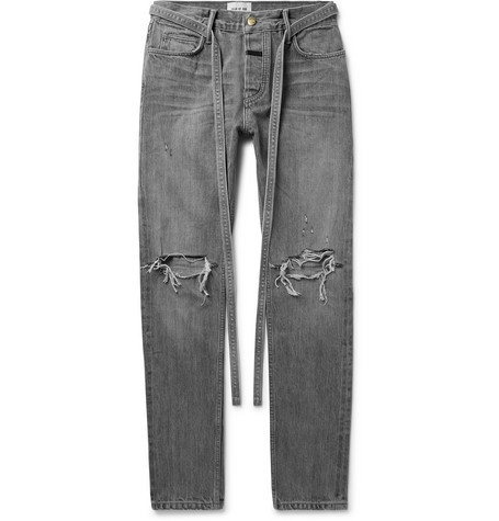 Fear Of God Slim Fit Belted Distressed Selvedge Denim Jeans, $350
