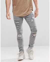ASOS DESIGN Asos Super Skinny Jeans In Grey With Rip And Repair