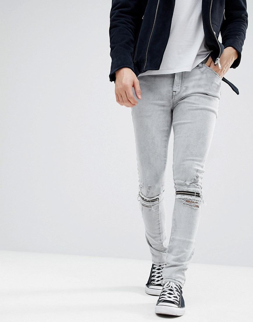 DESIGN Asos Super Skinny Jeans In Light Grey With Knee Zips, $31 | Asos | Lookastic