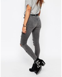Asos Collection Lisbon Midrise Skinny Jeans In Slick Gray With Extreme Rips