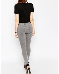 Asos Collection Lisbon Skinny Mid Rise Jeans In Sant Gray Wash With Rip And Destroy Knees