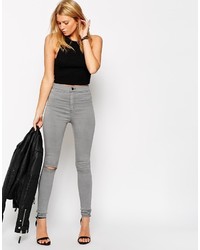 Asos Collection Rivington High Waist Denim Jegging In Shadow Gray With Ripped Knee