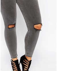 Asos Curve Curve Ridley Skinny Jeans In Slated Gray With Shredded Rips