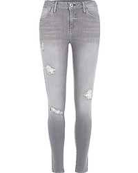 River Island Grey Wash Ripped Amelie Superskinny Jeans