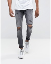 DML Jeans Super Skinny Spray On Jeans With Busted Ripped Knees In Grey