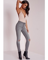 Missguided Hustler Mid Rise Ripped Knee Skinny Jeans Grey