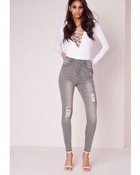 Missguided Sinner High Waisted Distressed Skinny Jeans Grey