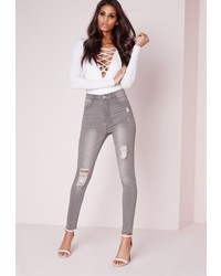 Missguided Sinner High Waisted Distressed Skinny Jeans Grey