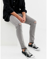 D-struct Skinny Fit Ripped Knee Denim Jeans In Grey