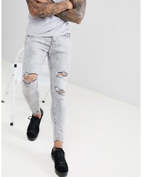 Bershka Super Skinny Jeans In Grey With Knee Rips