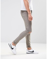 Asos Super Skinny Jeans With Knee Rips In Gray