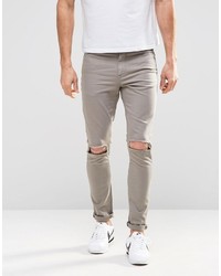Asos Super Skinny Jeans With Knee Rips In Gray