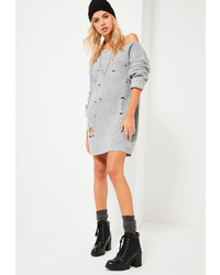 Missguided Grey Distressed Off The Shoulder Sweater Dress