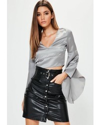 Missguided Petite Grey Satin Flared Sleeve Crop Top