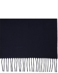 Lanvin Navy Tassel Sophisticated Logo Embroidered Wool Scarf