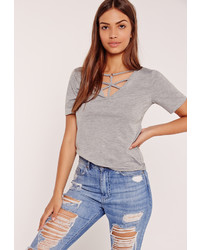 Missguided Cross Front Harness Ring Detail T Shirt Grey Marl