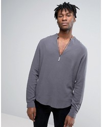 Asos Regular Fit Viscose Shirt With V Neck In Charcoal