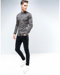 Asos Skinny Twill Shirt With Western Styling In Khaki