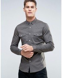 Asos Skinny Twill Shirt With Western Styling In Khaki