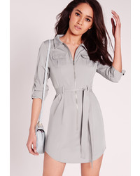Missguided Petite Zip Through Mini Shirt Dress Grey