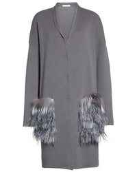 Fabiana Filippi Wool Silk Cashmere Cardigan With Genuine Fox Fur Ostrich Feather Trim
