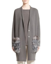 Fabiana Filippi Wool Silk Cashmere Cardigan With Genuine Fox Fur Ostrich Feather Trim