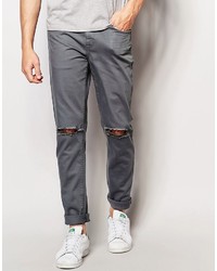 Asos Brand Skinny Jeans With Knee Rips In Gray