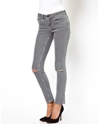 Asos Skinny Jeans In Washed Grey With Ripped Knees Grey