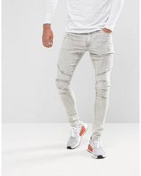 ASOS DESIGN Extreme Super Skinny Jeans In Light Grey Biker And Hem Detail
