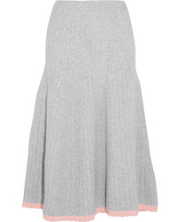 Victoria Beckham Ribbed Wool Blend Midi Skirt Gray
