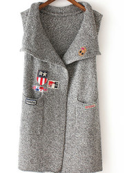 Lapel Sleeveless Patch Knit Grey Coat