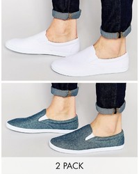 Asos Brand Slip On Sneakers 2 Pack In Plain And Chambray Save 20%