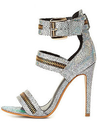 Liliana Zipper Embellished Holographic Strappy Heels