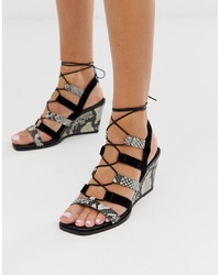 ASOS DESIGN Hansel Suede Mix Mid Heeled Wedges In Snake And Black