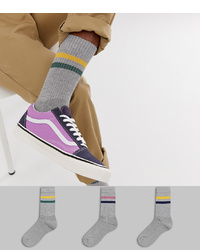 ASOS DESIGN Sports Style Socks In Grey Base With Retro 2 Colour Stripes 3 Pack