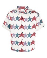 Grey Star Print Linen Short Sleeve Shirt