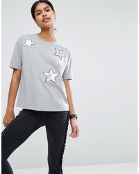 Grey Star Print Sequin T-shirt