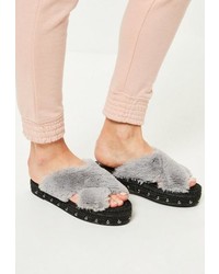 Missguided Grey Faux Fur Cross Strap Studded Sliders