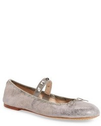 Grey Studded Leather Ballerina Shoes