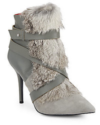Charles Jourdan Knife Leather Suede Rabbit Fur Ankle Boots