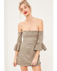 Missguided Grey Bonded Faux Suede Frill Cuff Bodycon Dress