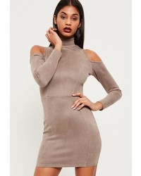 Missguided Nude Faux Suede Cold Shoulder Bodycon Dress