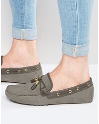 Asos Driving Shoes In Gray Suede With Tassel And Gold Clips