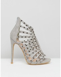 Glamorous Gray Studded Caged Heeled Sandals