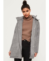 Missguided Grey Oversized Hooded Faux Suede Jacket