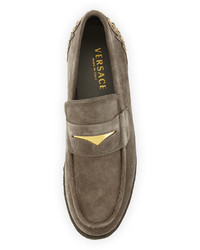Versace Embellished Suede Platform Loafer Graymetallic