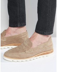 Asos Penny Loafers In Gray Suede With White Sole