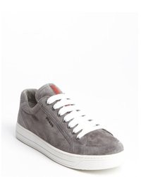 Prada Grey And White Suede Lace Up Sneakers