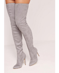 Missguided Grey Faux Suede Pointed Toe Over The Knee Heeled Boots